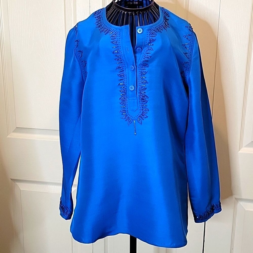 STUDIO G Raw Silk Blouse Peacock Blue Size 6